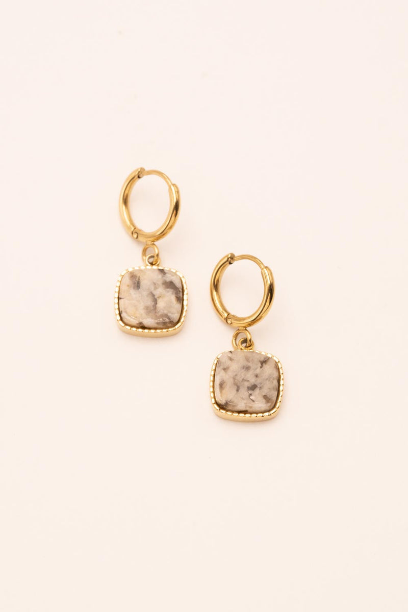 Boucles D'oreilles Créoles En Jaspe Sédimentaire Bleu - Métal Cuivre Argenté - Neuf